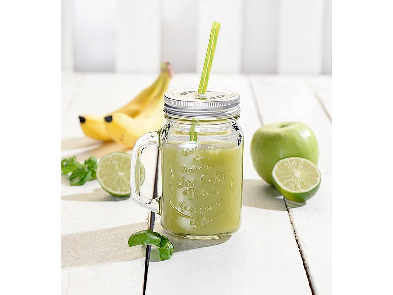 PEARL Smoothie Gläser:Retro-Trinkglas Mit Henkel, Deckel Und Trinkhalm, 6er-Set 6 PEARL Smoothie Gläser:Retro-Trinkglas Mit Henkel, Deckel Und Trinkhalm, 6er-Set – Bild 4