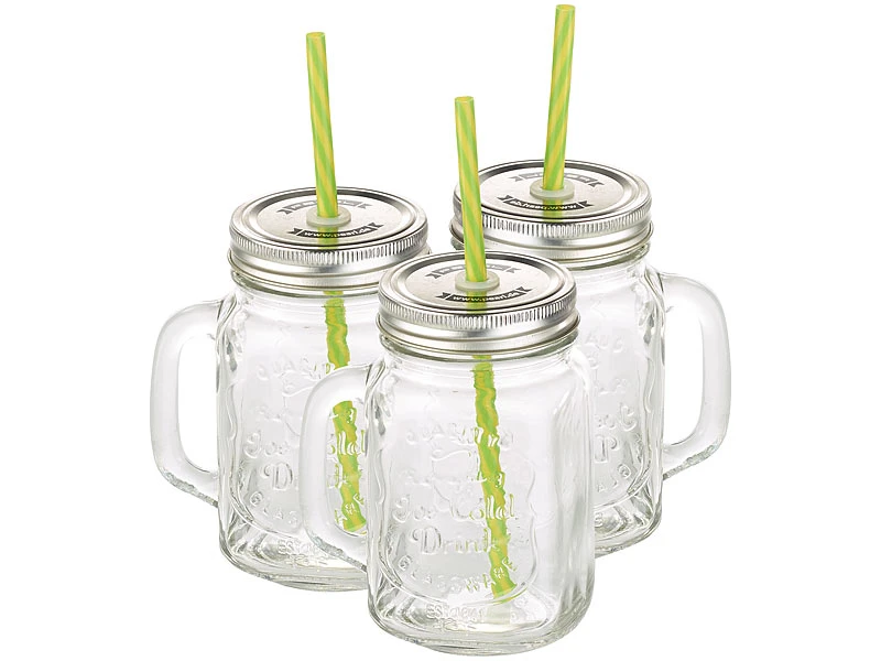 PEARL Smoothie Gläser:Retro-Trinkglas Mit Henkel, Deckel Und Trinkhalm, 6er-Set 4 PEARL Smoothie Gläser:Retro-Trinkglas Mit Henkel, Deckel Und Trinkhalm, 6er-Set – Bild 2