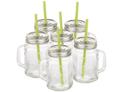PEARL Smoothie Gläser:Retro-Trinkglas Mit Henkel, Deckel Und Trinkhalm, 6er-Set