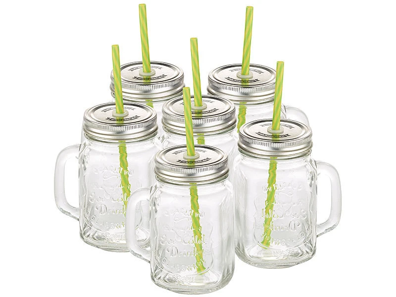 PEARL Smoothie Gläser:Retro-Trinkglas Mit Henkel, Deckel Und Trinkhalm, 6er-Set 3 PEARL Smoothie Gläser:Retro-Trinkglas Mit Henkel, Deckel Und Trinkhalm, 6er-Set