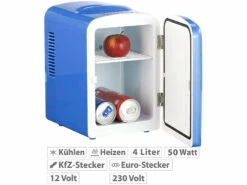 Rosenstein & Söhne Tischkühlschrank:Mini-Kühlschrank Mit Warmhalte-Funktion, Für 12 & 230 V, 4 Liter, Blau
