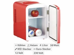 Rosenstein & Söhne Mini Dosen Kühlschrank:Mini-Kühlschrank Mit Warmhalte-Funktion, 4 Liter, Für 12/230 Volt, Rot