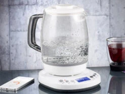 Rosenstein & Söhne Design-Wasserkocher:Glas-Wasserkocher Mit Warmhaltefunktion, 4 Temperaturen, 1,2 L, 1200 W -Einrichtungsgeschäft nc3763 5 1