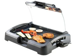 Rosenstein & Söhne Elektrogrill:XL-Tischgrill M. Glasdeckel, Keramik-beschichtete Grillplatte, 2.200 W