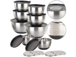 Rosenstein & Söhne Edelstahlschüsseln:2er-Set 11-teiliges Premium-Rührschüssel-Set Mit 3 Reibeaufsätzen