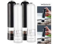 Rosenstein & Söhne Elektrische Gewürzmühle:4er-Set Elektr. Salz- & Pfeffermühle, Keramik-Mahlwerk, Licht, 22,5 Cm