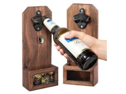 Cucina Di Modena Einhand Flaschenöffner:2er-Set Wand-Flaschenöffner Mit Kronkorken-Auffangbehälter, Holz