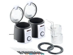 Rosenstein & Söhne Mini Friteuse:2er-Set Kompakte Tisch-Fritteusen Mit Fondue-Set, 0,9 Liter, 840 Watt