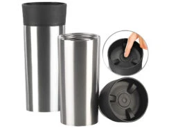 Rosenstein & Söhne Edelstahl Trinkbecher:2er-Set Edelstahl-Isolierbecher Mit Quick-Press-Verschluss, 360 Ml