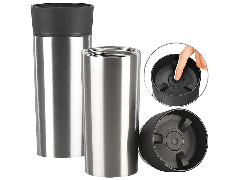 Rosenstein & Söhne Edelstahl Trinkbecher:2er-Set Edelstahl-Isolierbecher Mit Quick-Press-Verschluss, 360 Ml 3 Rosenstein & Söhne Edelstahl Trinkbecher:2er-Set Edelstahl-Isolierbecher Mit Quick-Press-Verschluss, 360 Ml