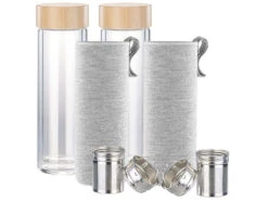Cucina Di Modena Teeflasche:2er-Set Doppelwandige Glas-Trinkflaschen Mit Neopren-Hülle & Tee-Sieb