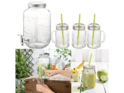 PEARL Getränkespender Glas:4-teiliges Set Aus Getränkespender Und 3 Trinkgläser Im Retrolook