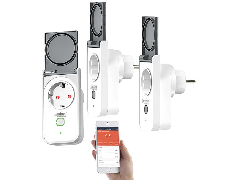 Luminea Home Control Messsteckdose:3er-Set WLAN-Outdoor-Steckdosen, App, Sprachsteuerung, 16 A, IP44 3 Luminea Home Control Messsteckdose:3er-Set WLAN-Outdoor-Steckdosen, App, Sprachsteuerung, 16 A, IP44