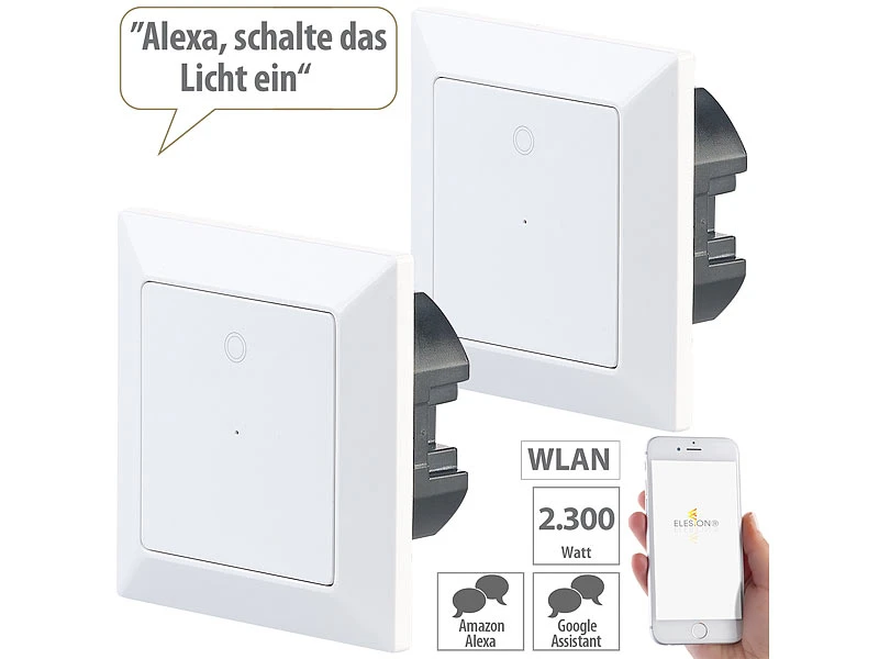 Luminea Home Control Elesion Schalter:2er-Set WLAN-Lichttaster, App, Komp. Zu Siri, Alexa & Google Assistant 4 Luminea Home Control Elesion Schalter:2er-Set WLAN-Lichttaster, App, Komp. Zu Siri, Alexa & Google Assistant – Bild 2