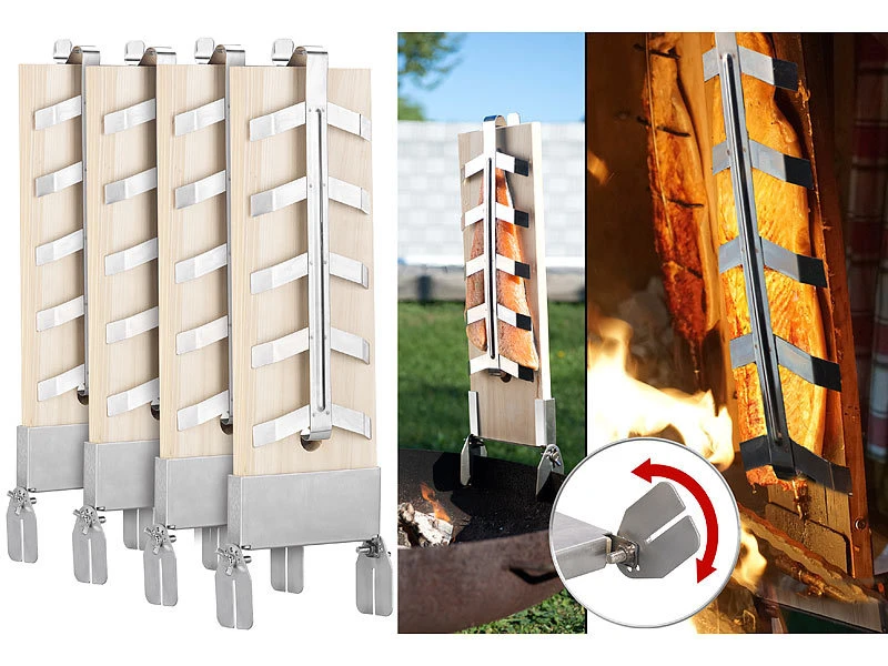 Rosenstein & Söhne Flammlachsbrett:Flammlachs-Bretter, Zedernholz, Neigbare Edelstahl-Halterung, 4er-Set 3 Rosenstein & Söhne Flammlachsbrett:Flammlachs-Bretter, Zedernholz, Neigbare Edelstahl-Halterung, 4er-Set