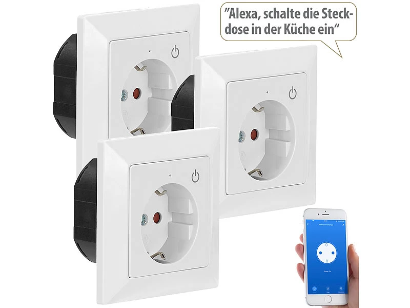 Luminea Home Control Funksteckdose Mit App:WLAN-Unterputz-Steckdose Mit App, Für Siri, Alexa & GA, 3er Pack 3 Luminea Home Control Funksteckdose Mit App:WLAN-Unterputz-Steckdose Mit App, Für Siri, Alexa & GA, 3er Pack