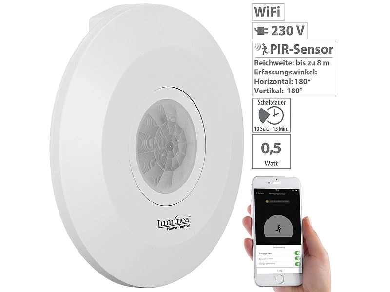 Luminea Home Control WiFi Bewegungsmelder:2er-Set Extra-flacher WLAN-PIR-Bewegungsmelder Mit App, 360°, 230 Volt 5 Luminea Home Control WiFi Bewegungsmelder:2er-Set Extra-flacher WLAN-PIR-Bewegungsmelder Mit App, 360°, 230 Volt – Bild 3
