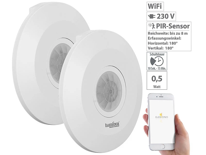 Luminea Home Control WiFi Bewegungsmelder:2er-Set Extra-flacher WLAN-PIR-Bewegungsmelder Mit App, 360°, 230 Volt 3 Luminea Home Control WiFi Bewegungsmelder:2er-Set Extra-flacher WLAN-PIR-Bewegungsmelder Mit App, 360°, 230 Volt