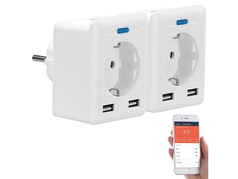 Luminea Home Control Energie Monitor:2er-Set WLAN-Steckdosen, 2 USB, App, Komp. Zu Alexa, Google, Siri 4 Luminea Home Control Energie Monitor:2er-Set WLAN-Steckdosen, 2 USB, App, Komp. Zu Alexa, Google, Siri – Bild 2