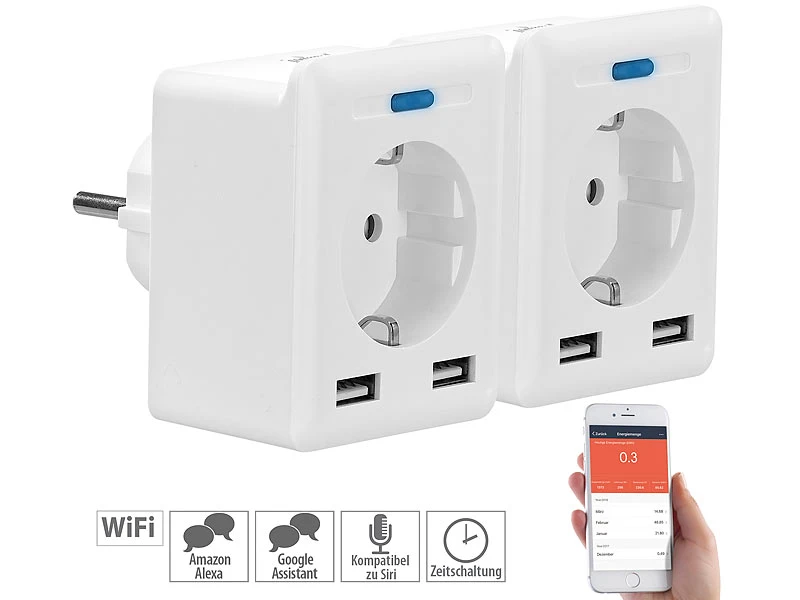Luminea Home Control Energie Monitor:2er-Set WLAN-Steckdosen, 2 USB, App, Komp. Zu Alexa, Google, Siri 3 Luminea Home Control Energie Monitor:2er-Set WLAN-Steckdosen, 2 USB, App, Komp. Zu Alexa, Google, Siri