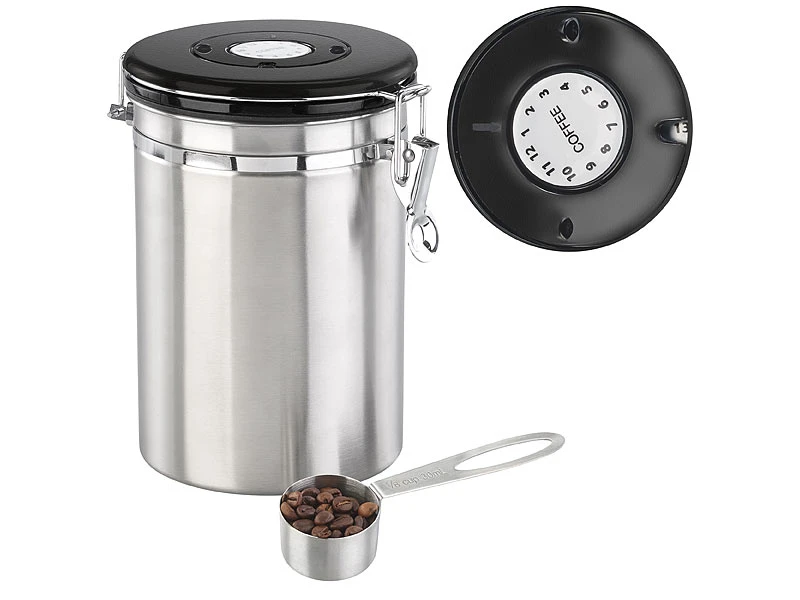 Rosenstein & Söhne Kaffeedose Co2 Ventil:Kaffeedose Mit Kalenderblatt, C02-Freigabeventil Und Messlöffel, 1,9 L 3 Rosenstein & Söhne Kaffeedose Co2 Ventil:Kaffeedose Mit Kalenderblatt, C02-Freigabeventil Und Messlöffel, 1,9 L