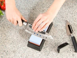Rosenstein & Söhne Messerschärfer Stein:Schleifstein-Set, 2 Doppel-Schleifsteine, Winkelhilfe, Halter, Glätter -Einrichtungsgeschäft nx6318 7