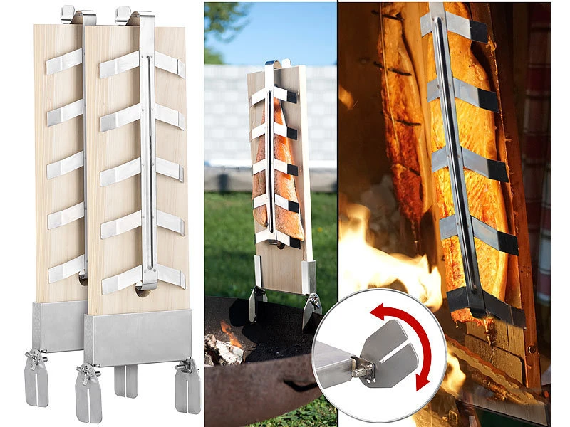 Rosenstein & Söhne Flammlachsbrett:Flammlachs-Bretter, Zedernholz, Neigbare Edelstahl-Halterung, 4er-Set 9 Rosenstein & Söhne Flammlachsbrett:Flammlachs-Bretter, Zedernholz, Neigbare Edelstahl-Halterung, 4er-Set – Bild 7