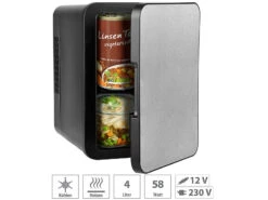 Rosenstein & Söhne Kühlschrank Klein:Mini-Kühlschrank Mit Warmhalte-Funktion, Edelstahlfront, 12/230 V, 4 L