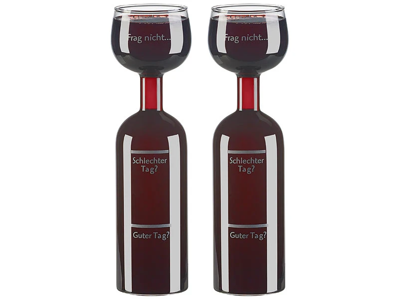 Rosenstein & Söhne Ausgießer:2er-Set 2in1-Weinflaschen & XXL-Gläser, Echtglas, Mit Aufdruck, 750 Ml 4 Rosenstein & Söhne Ausgießer:2er-Set 2in1-Weinflaschen & XXL-Gläser, Echtglas, Mit Aufdruck, 750 Ml – Bild 2