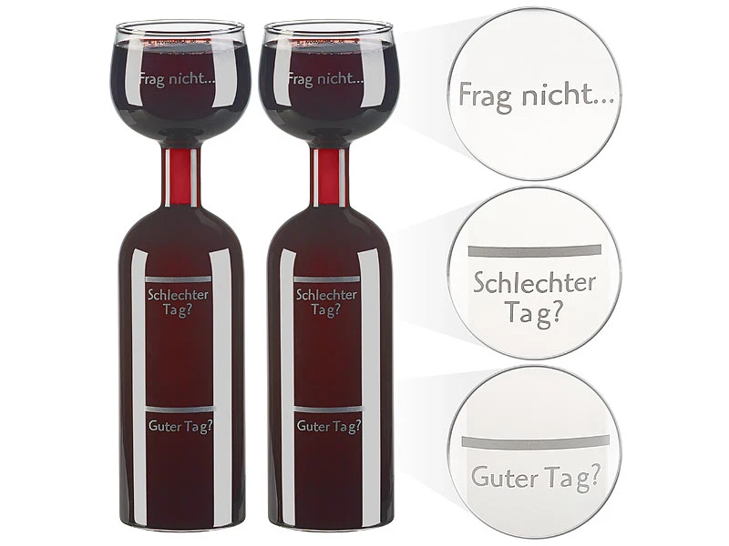 Rosenstein & Söhne Ausgießer:2er-Set 2in1-Weinflaschen & XXL-Gläser, Echtglas, Mit Aufdruck, 750 Ml 3 Rosenstein & Söhne Ausgießer:2er-Set 2in1-Weinflaschen & XXL-Gläser, Echtglas, Mit Aufdruck, 750 Ml