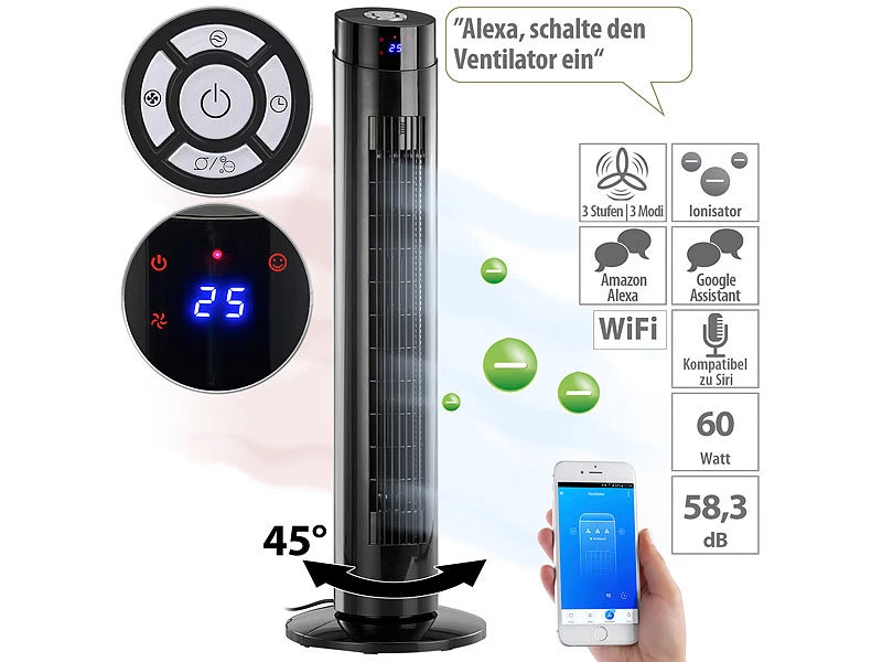 Sichler Turm-Lüfter-Ventilator:Turmventilator, Ionisator, WLAN & App, Siri, Versandrückläufer 3 Sichler Turm-Lüfter-Ventilator:Turmventilator, Ionisator, WLAN & App, Siri, Versandrückläufer