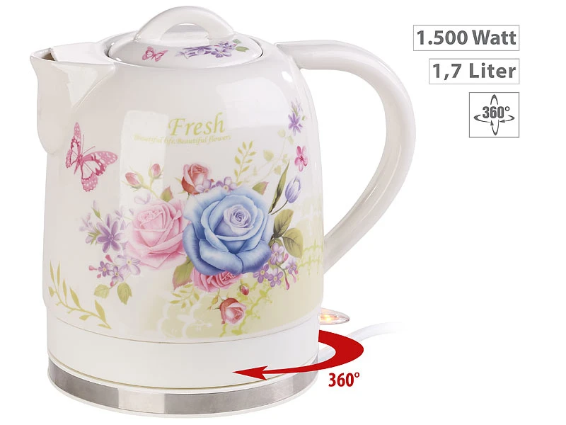 Rosenstein & Söhne Wasserkocher Blumen:Keramik-Wasserkocher Mit Blumenmuster, 1,7 Liter, 1.500 Watt 4 Rosenstein & Söhne Wasserkocher Blumen:Keramik-Wasserkocher Mit Blumenmuster, 1,7 Liter, 1.500 Watt – Bild 2