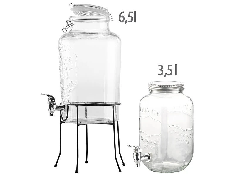 PEARL Party-Zubehör:2er-Set Retro Getränkespender Aus Glas Mit Zapfhahn, 3,5 L & 6,5 L 3 PEARL Party-Zubehör:2er-Set Retro Getränkespender Aus Glas Mit Zapfhahn, 3,5 L & 6,5 L