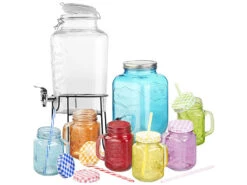 PEARL Retro Trinkgläser:2er-Set Getränkespender Mit 6 Gläsern, 4 L & 6,5 L, Einmachglas-Look