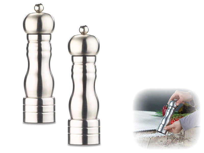 Rosenstein & Söhne Pfeffer Salzmühle:Klassische Salz- & Pfeffermühle, Keramik-Mahlwerk, Edelstahl, 2er-Set 2 Rosenstein & Söhne Pfeffer Salzmühle:Klassische Salz- & Pfeffermühle, Keramik-Mahlwerk, Edelstahl, 2er-Set