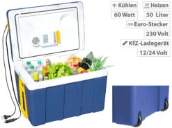 Xcase Campingkühlschrank:Thermoelektrische XXL-Trolley-Kühl- & Wärmebox, 12/24 & 230V, 50 Liter