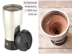 Rosenstein & Söhne Selbstrührender Becher:Selbstrührender Thermobecher Mit Elektrischem Quirl, 450 Ml, BPA-frei
