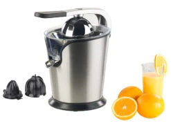 Rosenstein & Söhne Orangenpresse Elektrisch:Elektrische Edelstahl-Zitruspresse, 2 Aufsätze, Saftbehälter, 160 Watt