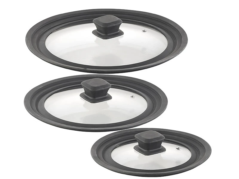 Rosenstein & Söhne Pfannendeckel:3er-Set Universal-Silikonrand-Glasdeckel Für Ø 16 - 28 Cm 3 Rosenstein & Söhne Pfannendeckel:3er-Set Universal-Silikonrand-Glasdeckel Für Ø 16 - 28 Cm