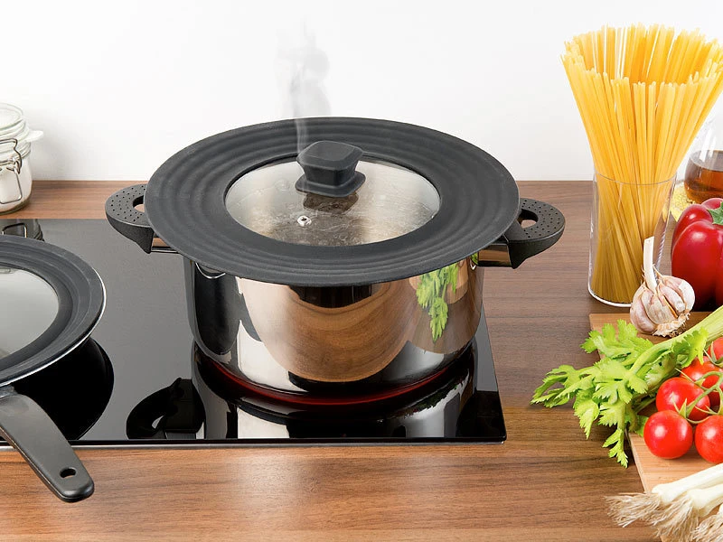 Rosenstein & Söhne Silikondeckel Für Töpfe:2er-Set Universal-Silikonrand-Glasdeckel, Ø 18 - 28 Cm 6 Rosenstein & Söhne Silikondeckel Für Töpfe:2er-Set Universal-Silikonrand-Glasdeckel, Ø 18 - 28 Cm – Bild 4