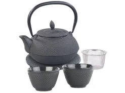 Rosenstein & Söhne Tee Set Asiatisch:Asiatische Teekanne, Untersetzer Und 2 Becher Aus Gusseisen, Schwarz