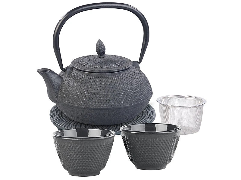 Rosenstein & Söhne Tee Set Asiatisch:Asiatische Teekanne, Untersetzer Und 2 Becher Aus Gusseisen, Schwarz 3 Rosenstein & Söhne Tee Set Asiatisch:Asiatische Teekanne, Untersetzer Und 2 Becher Aus Gusseisen, Schwarz