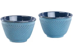 Rosenstein & Söhne Trinkbecher:2er-Set Asiatische Teebecher Aus Gusseisen Und Emaille, Petrolblau