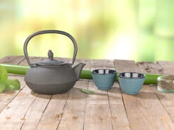 Rosenstein & Söhne Trinkbecher:2er-Set Asiatische Teebecher Aus Gusseisen Und Emaille, Petrolblau -Einrichtungsgeschäft nx8173 4