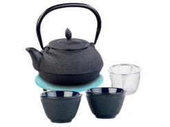 Rosenstein & Söhne Tee Set Gusseisen:Asiatische Teekanne, Untersetzer Und 2 Becher, Gusseisen, Schwarz/blau