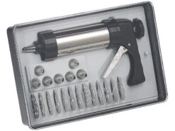 Rosenstein & Söhne Teigspritze:Profi-Edelstahl-Gebäckpresse & Garnierspritze, 13 Schablonen, 8 Tüllen