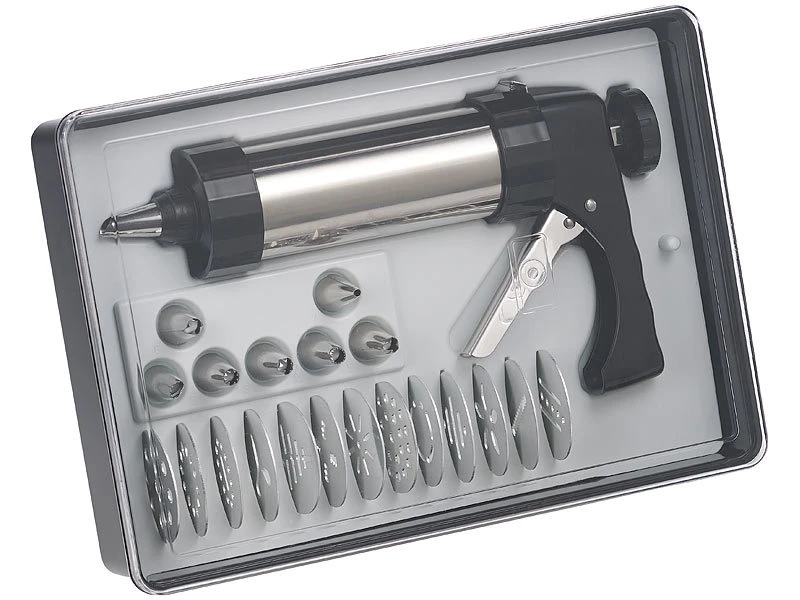 Rosenstein & Söhne Teigspritze:Profi-Edelstahl-Gebäckpresse & Garnierspritze, 13 Schablonen, 8 Tüllen 3 Rosenstein & Söhne Teigspritze:Profi-Edelstahl-Gebäckpresse & Garnierspritze, 13 Schablonen, 8 Tüllen