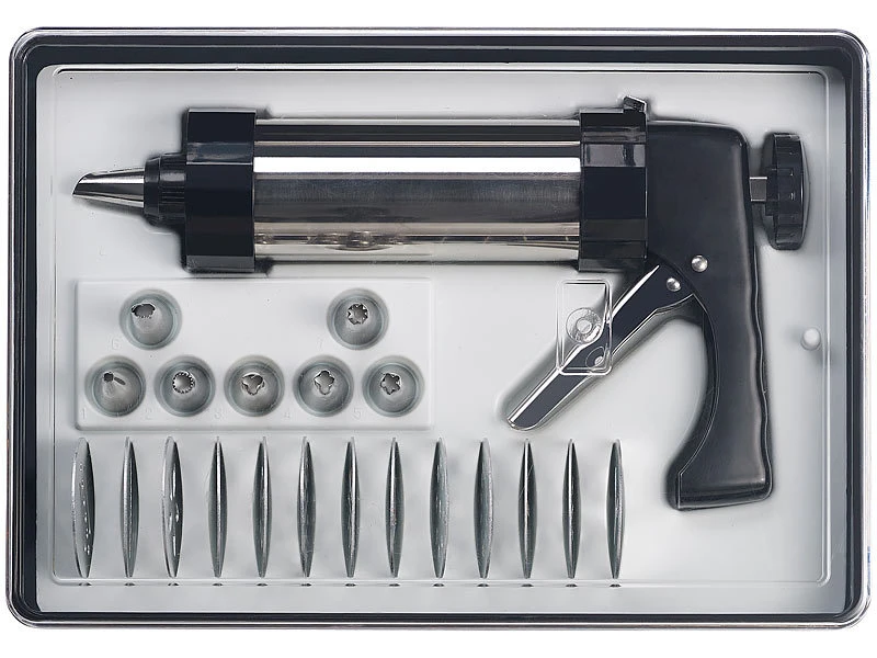 Rosenstein & Söhne Teigspritze:Profi-Edelstahl-Gebäckpresse & Garnierspritze, 13 Schablonen, 8 Tüllen 5 Rosenstein & Söhne Teigspritze:Profi-Edelstahl-Gebäckpresse & Garnierspritze, 13 Schablonen, 8 Tüllen – Bild 3