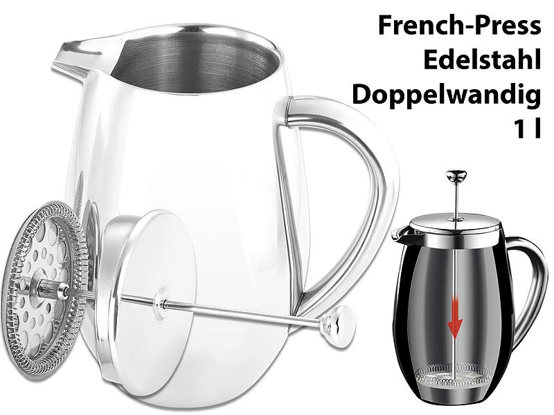 Rosenstein & Söhne Isolierkanne:Thermo-Kaffeebereiter, French-Press, Edelstahl, Doppelwandig, 1 Liter 3 Rosenstein & Söhne Isolierkanne:Thermo-Kaffeebereiter, French-Press, Edelstahl, Doppelwandig, 1 Liter