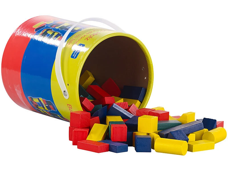 Playtastic Spielzeugsteine:4er-Set Holzbausteine, Aufbewahrungseimer, 100 St., 4 Farben, 6 Formen 4 Playtastic Spielzeugsteine:4er-Set Holzbausteine, Aufbewahrungseimer, 100 St., 4 Farben, 6 Formen – Bild 2